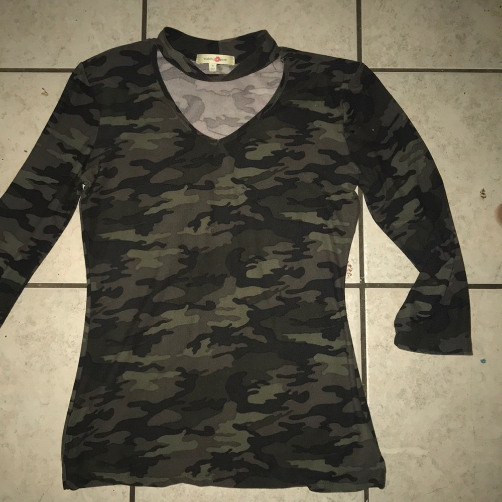 Plunging v long midline camouflage neckline shirt